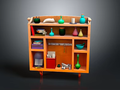 Vibrant Orange Multi Tiered Cabinet With Colorful Bottles Bowls And Books 3d model
