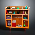 Vibrant Orange Multi Tiered Cabinet With Colorful Bottles Bowls And Books