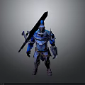 3D Fantasy Warrior Character With Intricate Blue Armor Holding Ornate Blue Sword Standing Pose