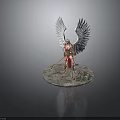 Mythical Woman Warrior Statue With Large White Wings And Spear On Stone Base