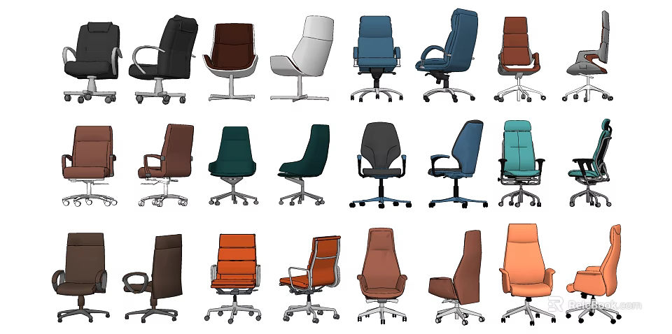 Modern Office Chairs With Various Ergonomic Designs And Swivel Bases In Different Colors 3d model 