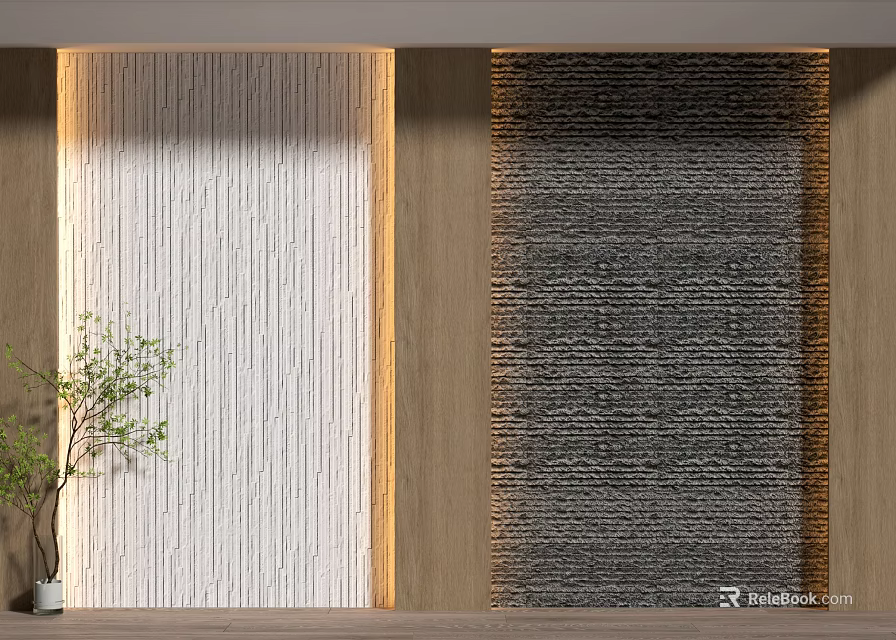 Modern Textured White And Dark Background Wall With Wooden Frame And Green Plant 3d model 