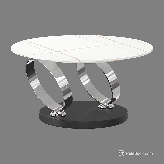 Modern Round Coffee Table With White Marble Tabletop Silver Metal Ring Legs And Black Base 3d model 