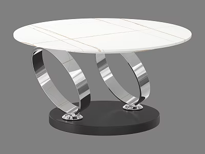Modern Round Coffee Table With White Marble Tabletop Silver Metal Ring Legs And Black Base 3d model