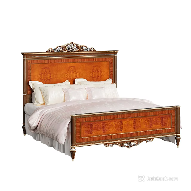 Elegant Carved Wooden Double Bed With Gold Trim And White Pillows 3d model 