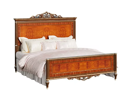 Elegant Carved Wooden Double Bed With Gold Trim And White Pillows 3d model