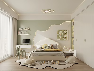 Modern Kids Bedroom Interior With Soft Tones Bed Desk And Toys 3d model