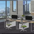 Modern Office Desk Setup With Computers Green Chairs And City View Through Large Windows 3d model