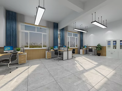 Public Office Space with Office Desks Computers Windows Blue Curtains Green Plants and Lockers 3d model
