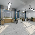 Public Office Space with Office Desks Computers Windows Blue Curtains Green Plants and Lockers