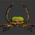 Vibrant Green Beetle With Curved Brown Horns And Colorful Legs On Dark Reflective Surface