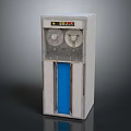 Modern Water Dispenser With Dual Circular Taps Blue Front Panel And Gray Body