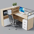 Modern Wooden Office Desk With Computer Monitor Keyboard File Folders Potted Plant And Office Chair