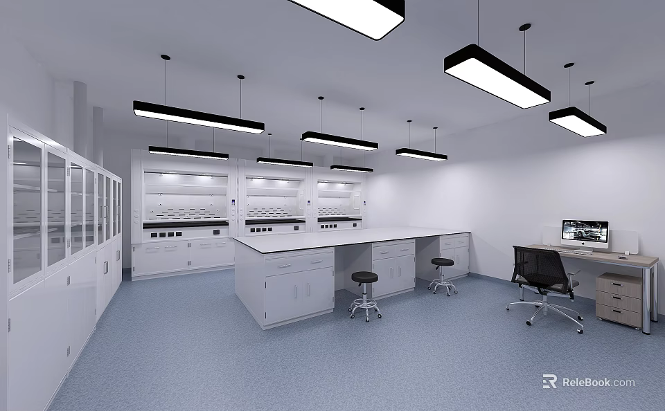 Modern Laboratory Interior With White Lab Benches Cabinets Pendant Lights Blue Flooring And Computer Chairs 3d model 
