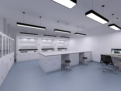 Modern Laboratory Interior With White Lab Benches Cabinets Pendant Lights Blue Flooring And Computer Chairs 3d model