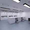 Modern Laboratory Interior With White Lab Benches Cabinets Pendant Lights Blue Flooring And Computer Chairs