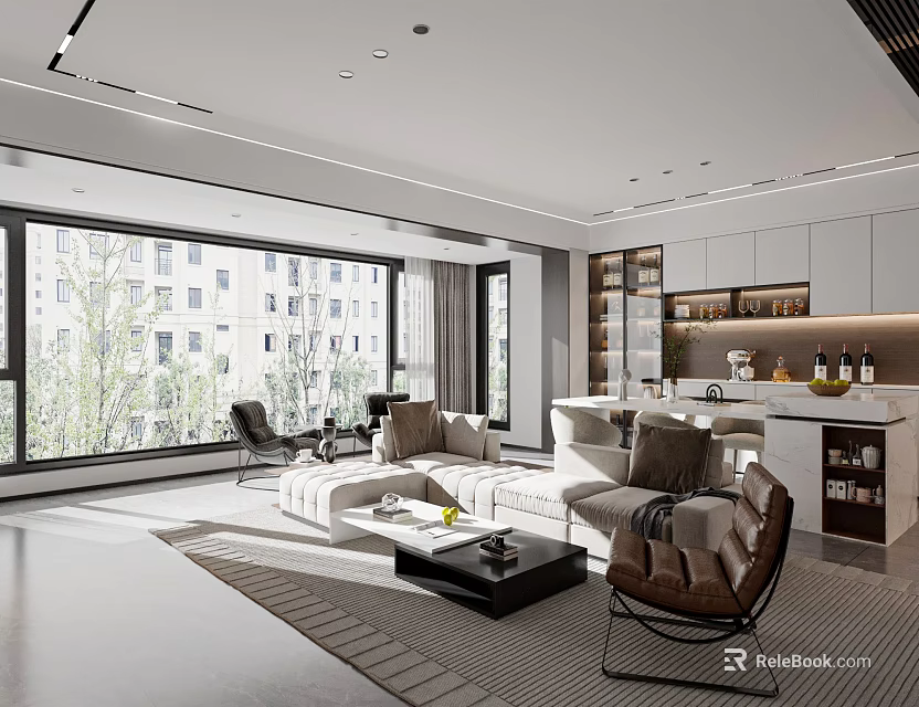 Modern Living Dining Room Interior Design With Open Layout Large Windows Sofa And Coffee Table 3d model