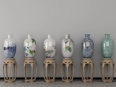 Beautiful Floral Pattern Vases On Wooden Stands Against Gray Wall Background 3d model