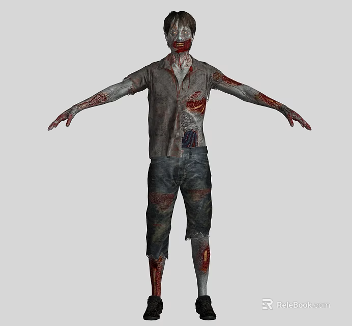 Gory Zombie Character With Tattered Clothes Blood Stains And Open Arms Posture 3d model 