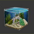 Underwater Landscape in Transparent Cube Aquarium with Blue Water Sandy Bottom Greenery and Zebra Fish