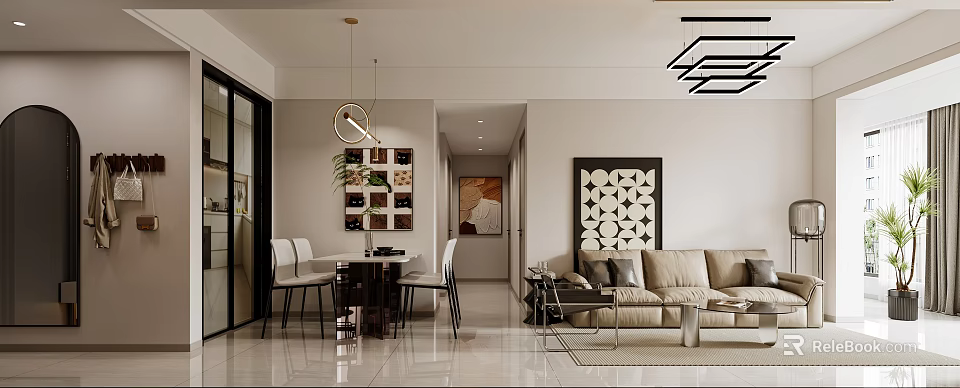 Modern Dining and Living Room Interior Design With Sofa Dining Table And Pendant Lights 3d model 