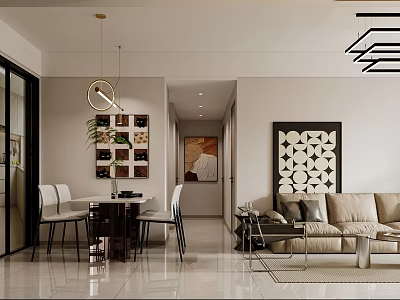 Modern Dining and Living Room Interior Design With Sofa Dining Table And Pendant Lights 3d model