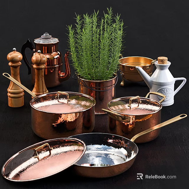 Vintage Copper Cookware Collection With Wooden Grinders Rosemary Planter And Silver Pans 3d model 