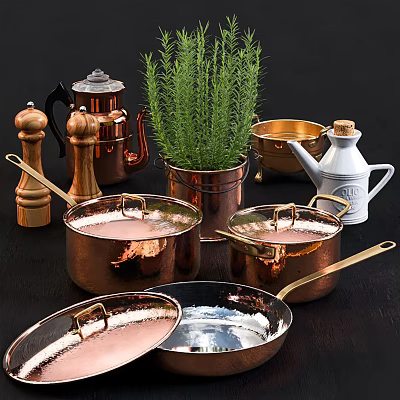 Vintage Copper Cookware Collection With Wooden Grinders Rosemary Planter And Silver Pans 3d model