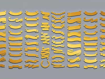 Golden Wall Decor Featuring Various Shapes Ribbons Streamers And Banners 3d model