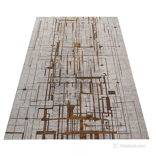 Modern Square Rug Featuring Geometric Line Design In Neutral Gray And Gold Tones 3d model 