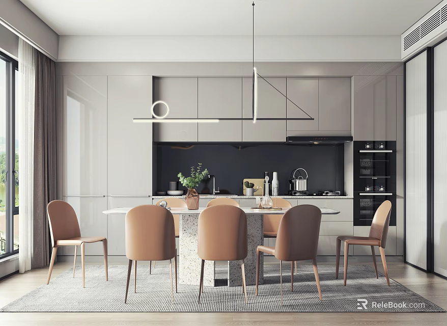 Modern Dining Table Set With Marble Top And Beige Chairs In Open Kitchen 3d model