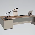 Modern Office Desk With Wooden Top Shelves Books Decorative Items Desk Lamp And Laptop