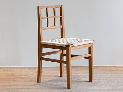 Natural Wood Dining Chair With Grid Back Design And Light Toned Textured Seat 3d model