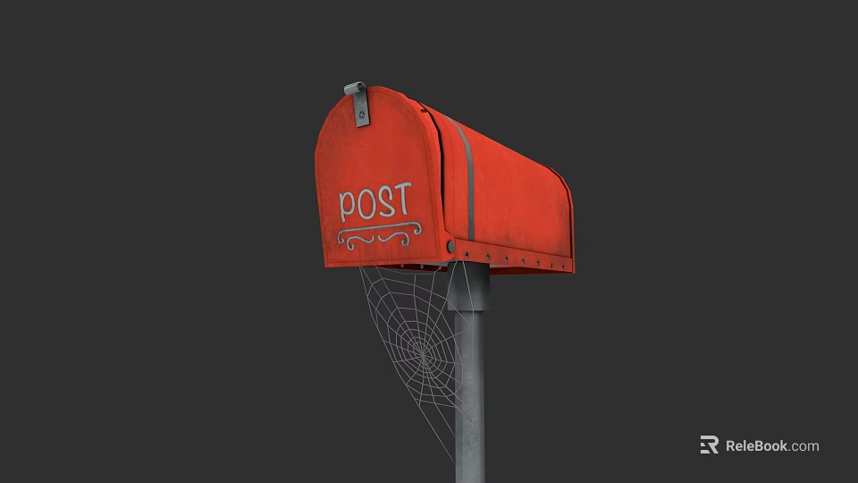 Red Mailbox With POST Lettering And Spider Web On Metal Pole 3d model 