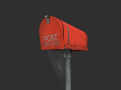 Red Mailbox With POST Lettering And Spider Web On Metal Pole 3d model