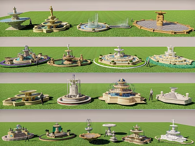 Various Types of Decorative Fountain Models Showcased on Green Lawn Area 3d model