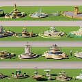 Various Types of Decorative Fountain Models Showcased on Green Lawn Area