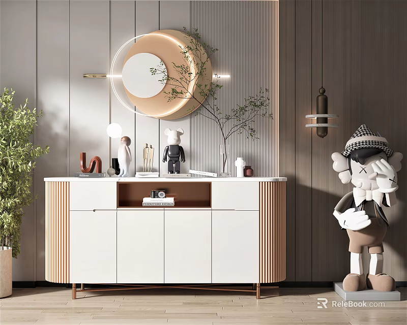 Modern Hallway Sideboard Cabinet with White Wooden Finish Round Mirror Green Plant and Decorative Accents 3d model 