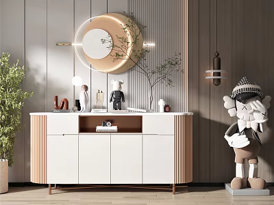 Modern Hallway Sideboard Cabinet with White Wooden Finish Round Mirror Green Plant and Decorative Accents 3d model
