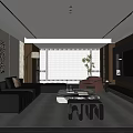 Modern Living Room Interior Design With Black Sofa Red Armchair Large Window And Fireplace