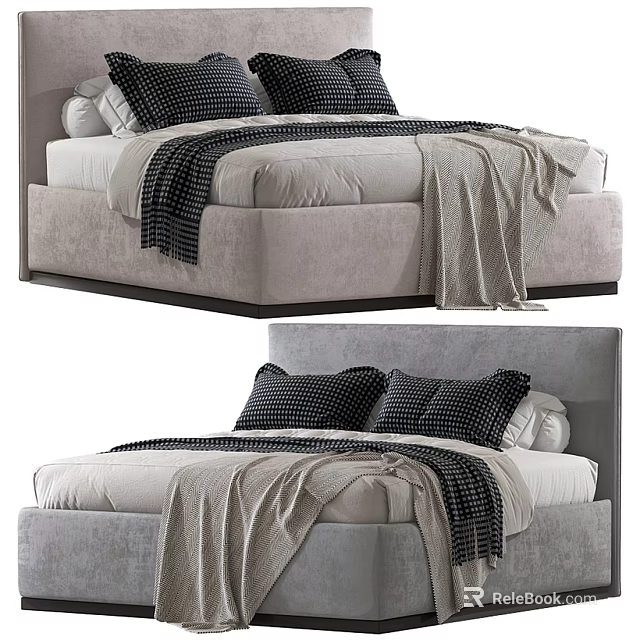 Stylish Double Bed with Polka Dot Pillows Soft Gray Blanket and Light Colored Frame 3d model