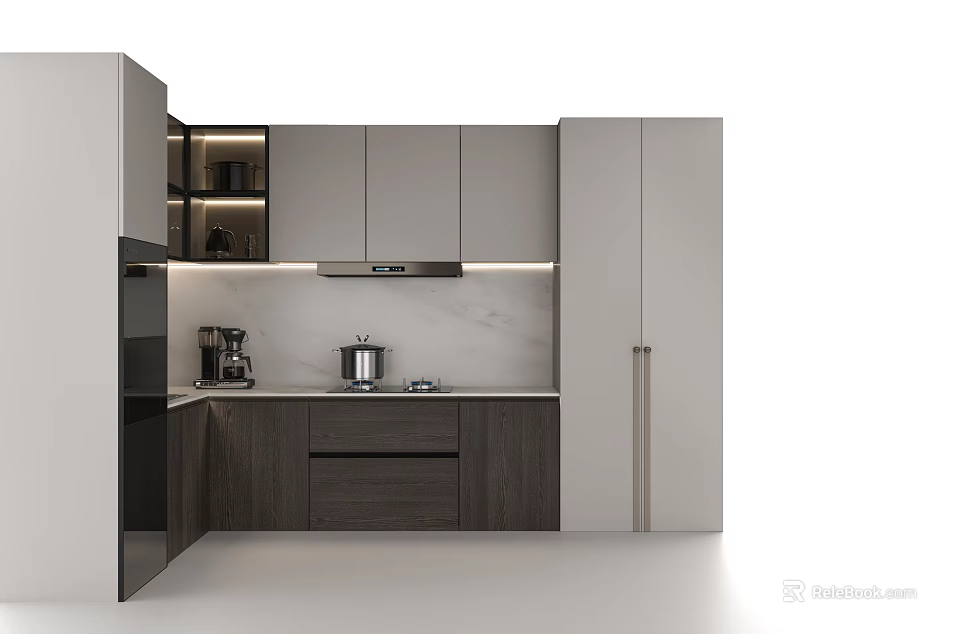Modern Kitchen Interior With Gray Cabinets Dark Wood Drawers And Marble Countertop 3d model 