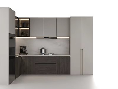 Modern Kitchen Interior With Gray Cabinets Dark Wood Drawers And Marble Countertop 3d model