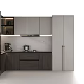 Modern Kitchen Interior With Gray Cabinets Dark Wood Drawers And Marble Countertop