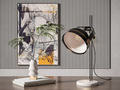 Modern Table Lamp With Black Shade White Base Green Plant Vase Books Striped Wall Art 3d model