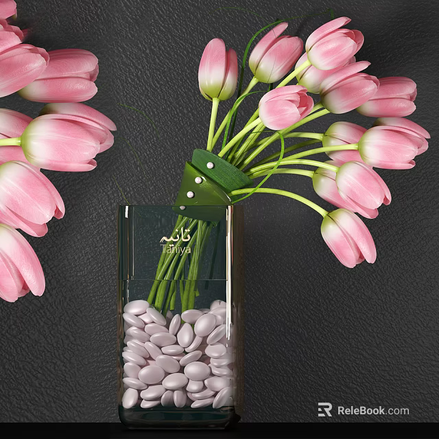 Beautiful Pink Tulips in Transparent Glass Vase with White Pebbles and Green Ribbon 3d model 