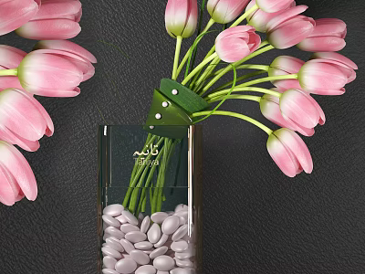 Beautiful Pink Tulips in Transparent Glass Vase with White Pebbles and Green Ribbon 3d model