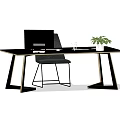 Modern Office Desk With Laptop Chair And Potted Plant On Black Surface With Metal Legs