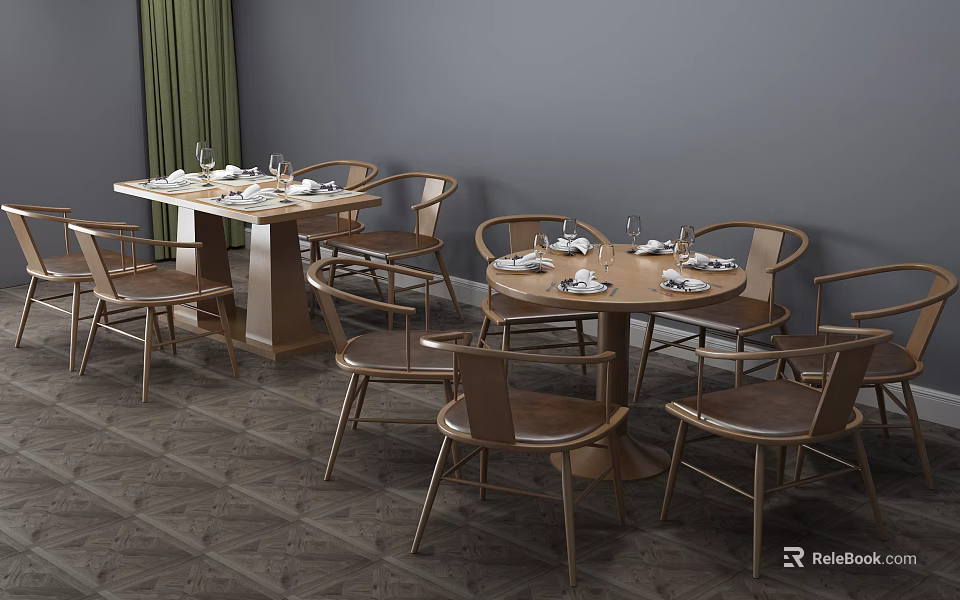Wooden Dining Table Set With Rectangular Round Tables Chairs Grey Wall Green Curtain And Tableware 3d model