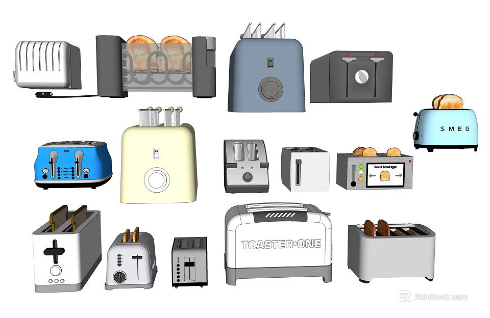 Various Toasters as Essential Kitchen Appliances in Different Styles and Colors 3d model 
